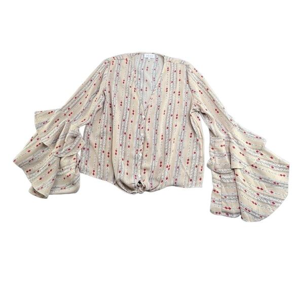 ACOA Long Bell Sleeved Tan Small Geometric Print Tie Waist Top Womens L Western - Picture 1 of 7